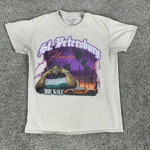 Rod Wave Shirt Mens Medium Beige Purple St Petersburg Florida Rap Hip Hop Casual - Picture 2 of 15